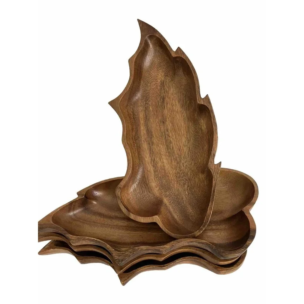3 VTG Monkey Pod Hawaiian  Wood Serving Dishs Carved Bowl Leaf  Boho Pheasant‎